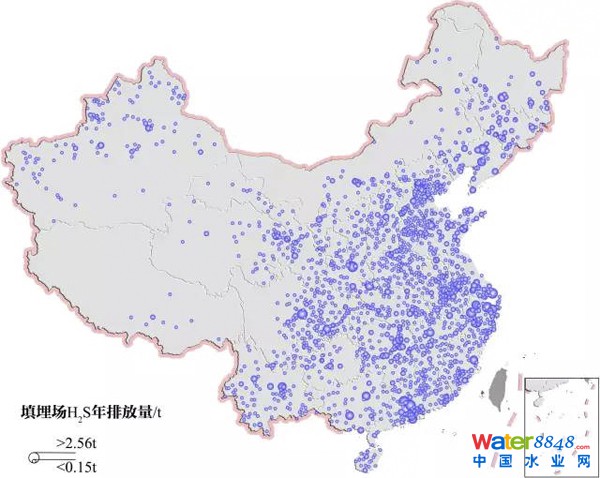 圖4 中國垃圾填埋場2012年硫化氫排放量