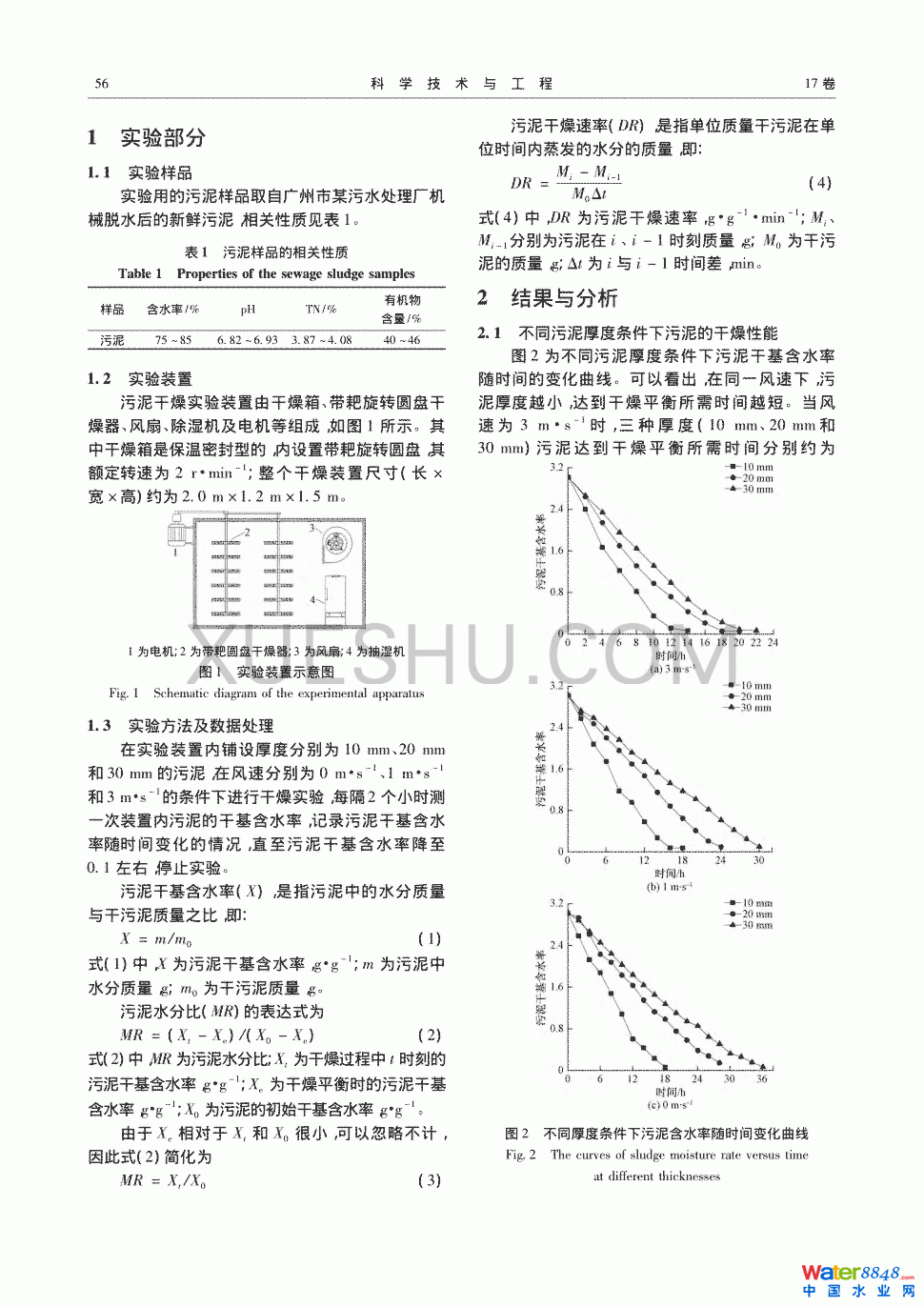 污泥厚度和風速對污泥常溫干燥的影響及干燥模型分析第1頁